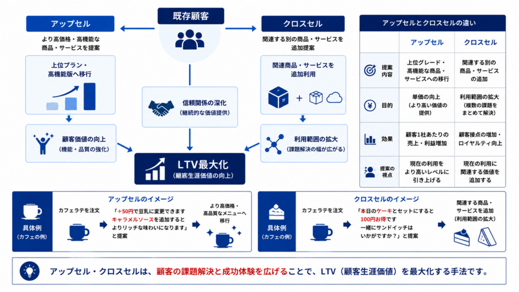 アップセルとクロスセルの違いを比較し、両者がLTV最大化につながる関係を示した構造図。