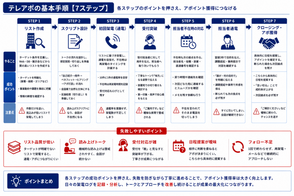 テレアポの基本手順を7ステップで整理した実務フロー図。