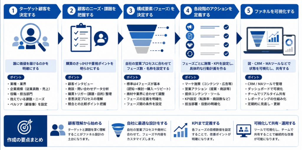 セールスファネルを設計する5ステップを示したフローチャート図