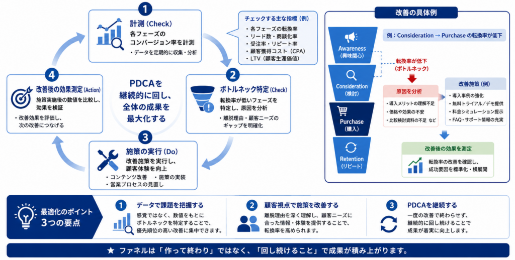 セールスファネルのコンバージョン改善サイクルを示したPDCA図