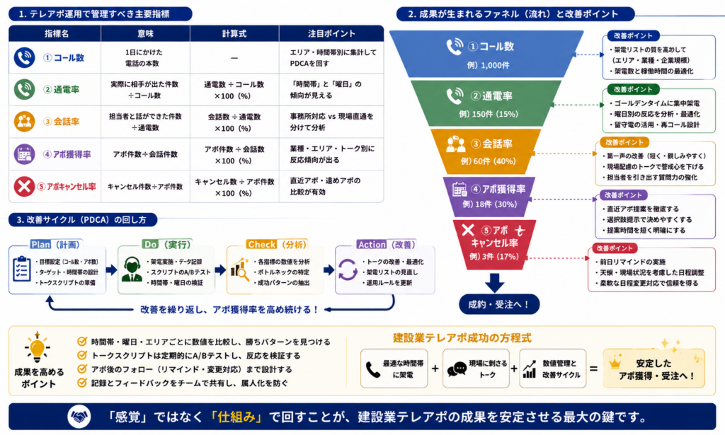 建設業テレアポの運用指標と改善サイクルを示した図