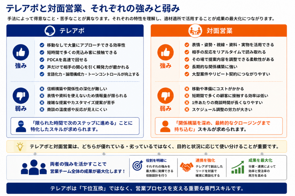 テレアポと対面営業それぞれの強み・弱みを比較した図。