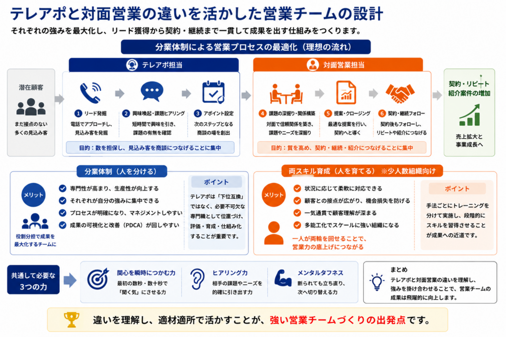 テレアポ担当と対面営業担当の役割分担によって営業プロセスを最適化する流れを示した図。