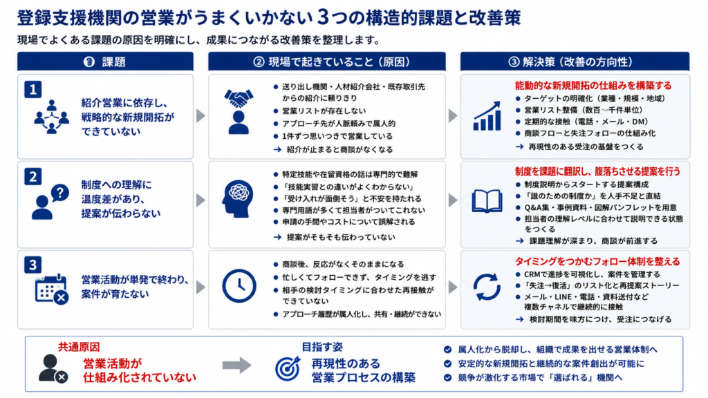 登録支援機関の営業が成果につながらない3つの構造的課題と、それぞれの改善策を整理した比較図。