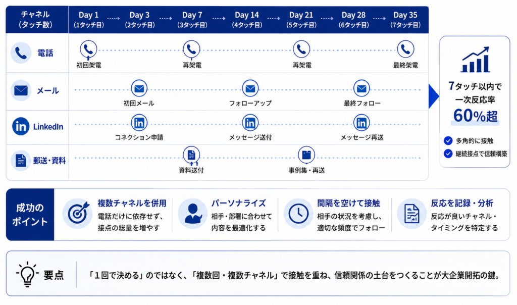 大企業テレアポのマルチチャネル7タッチ戦略を示した図