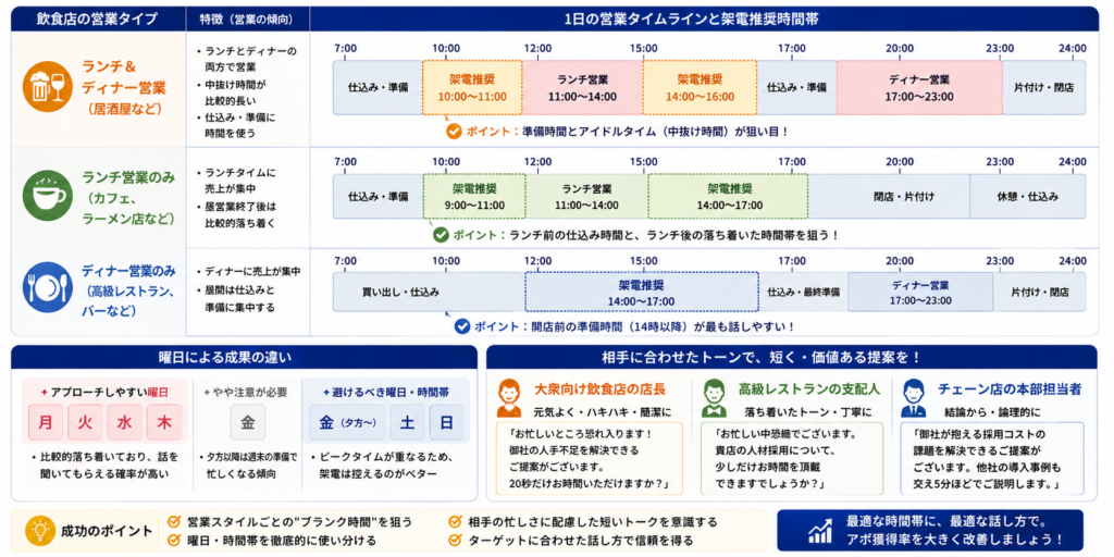 飲食店テレアポの営業タイプ別最適架電時間帯を示した図