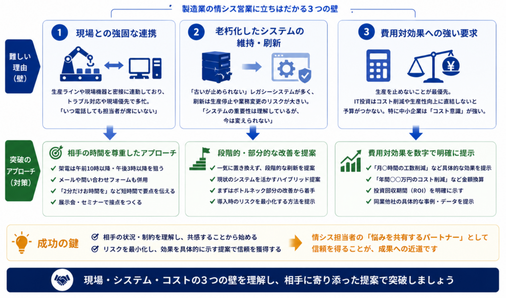 製造業の情シス営業が難しい理由と対策を示した図