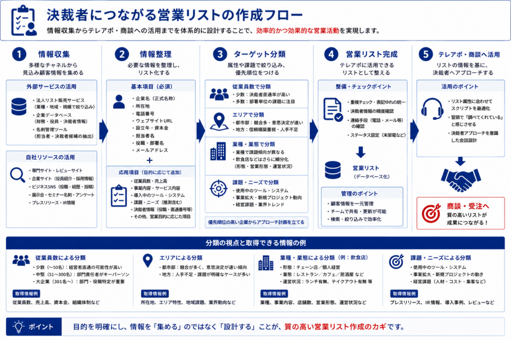 営業リストを情報収集から分類・活用まで体系化した作成フロー図