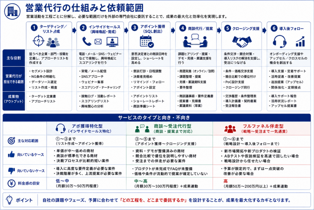 営業代行の対応範囲と3つのサービス形態を営業プロセス全体で整理した図解