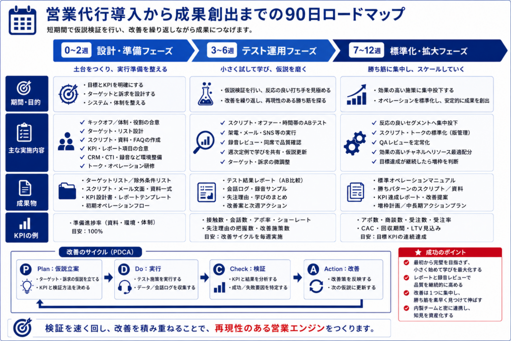 営業代行導入後90日間の運用ステップと改善ロードマップを示した図解