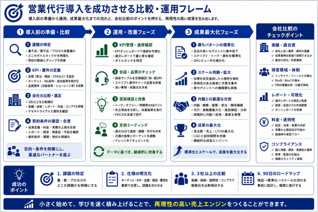 営業代行会社の比較から運用改善まで成果を最大化するフレームワークをまとめた図解
