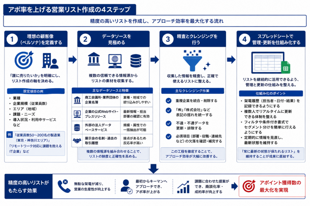 新規開拓営業リストの作成手順を、ペルソナ定義から管理更新まで4ステップで示した図解。