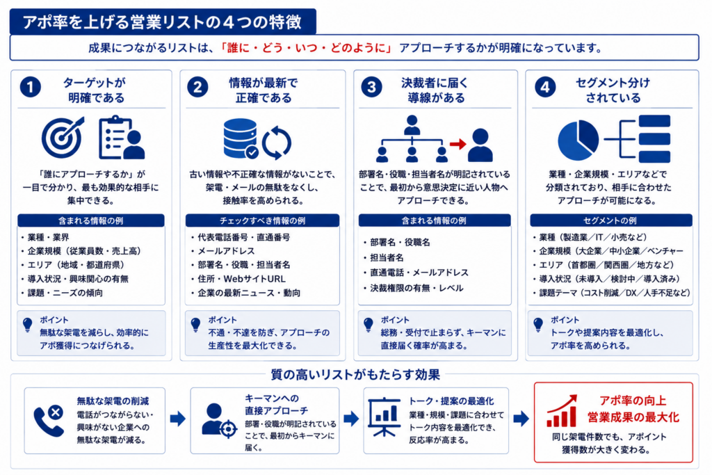アポ率向上につながる営業リストの4つの特徴を、ターゲット・情報精度・決裁者導線・セグメントの観点で整理した図解。