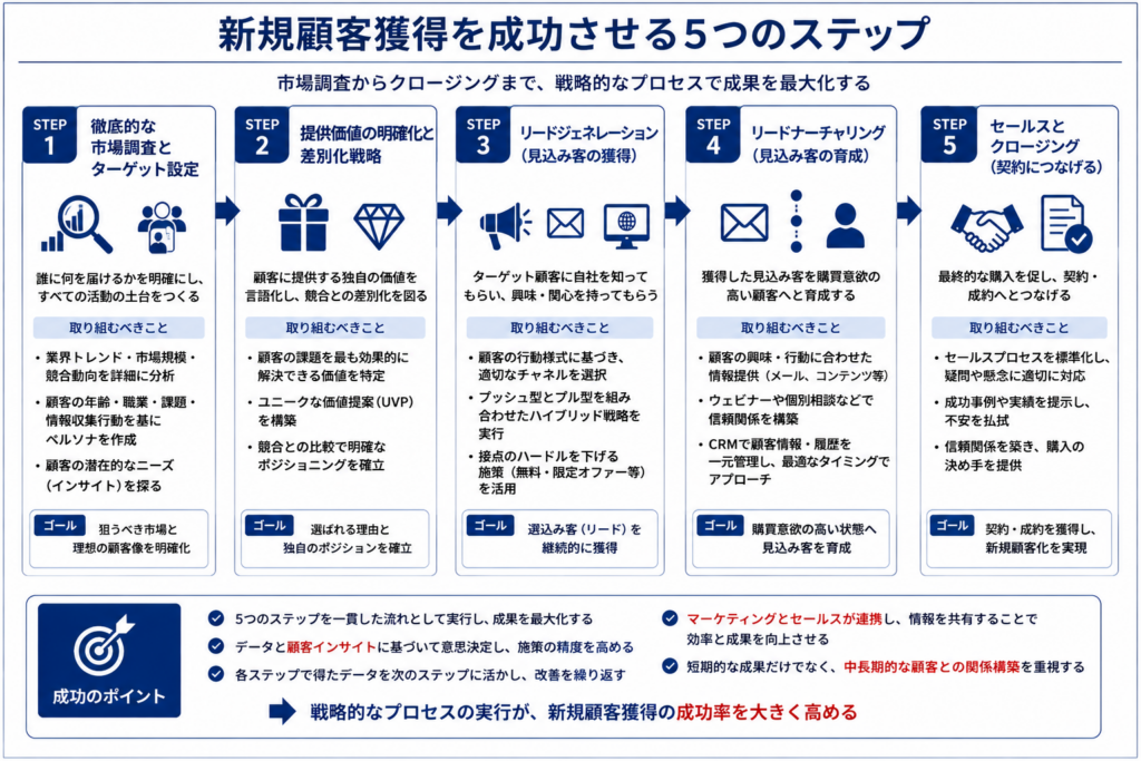 新規顧客獲得を成功させる5つの営業ステップを示した図解