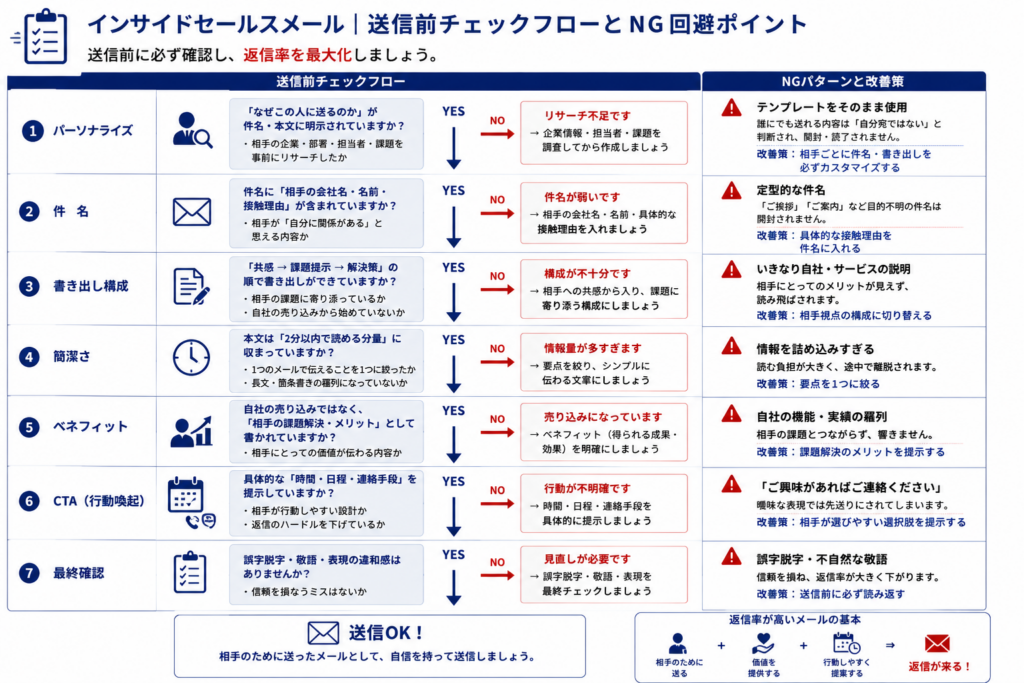 インサイドセールスメール送信前に確認すべきチェックフローの図解