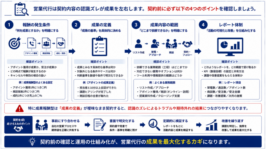 営業代行を契約する前に確認すべき4つのポイントを示した図解