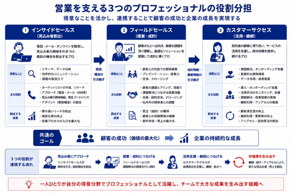 インサイドセールス・フィールドセールス・カスタマーサクセスが連携して顧客成功を実現する営業分業モデル。