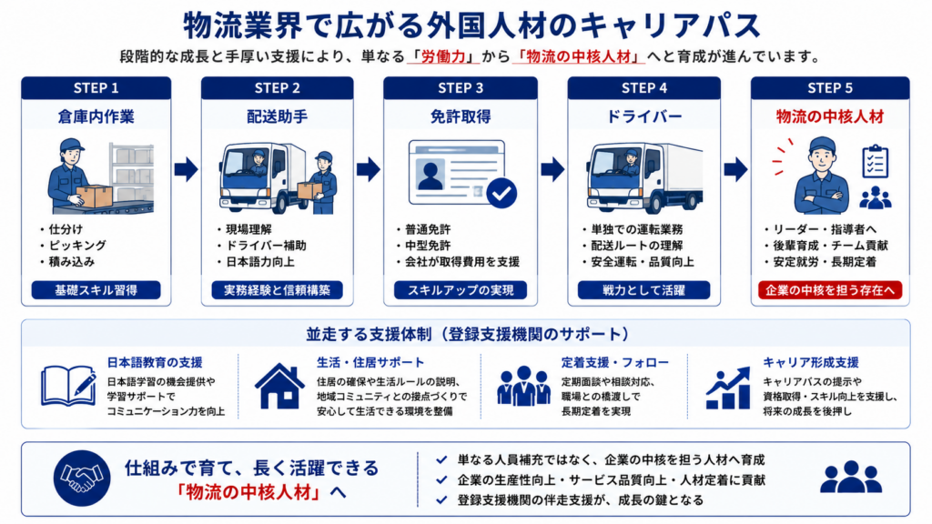 外国人材が倉庫作業から配送助手、免許取得を経て物流の中核人材へ成長するキャリアパスを示した図。