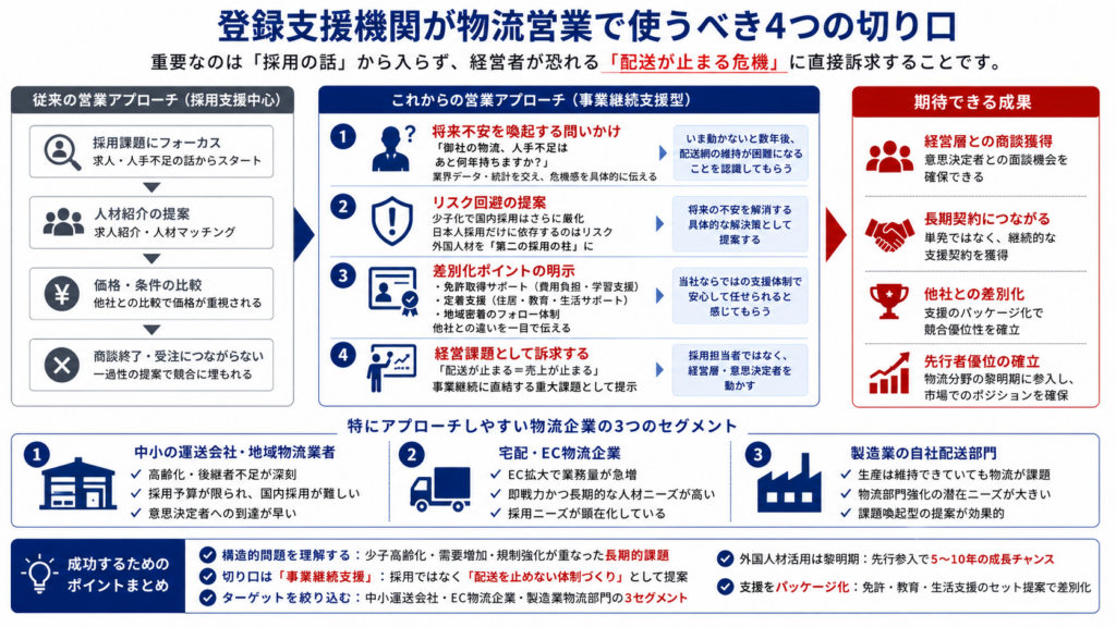 登録支援機関が物流企業へ営業する際に、採用支援中心の提案から事業継続支援へ転換する営業フローを比較した図。