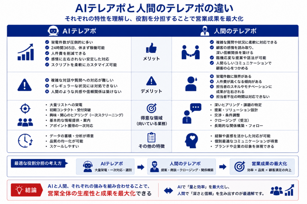 AIテレアポと人間の営業担当の得意・不得意を比較し、役割分担の考え方を整理した図。