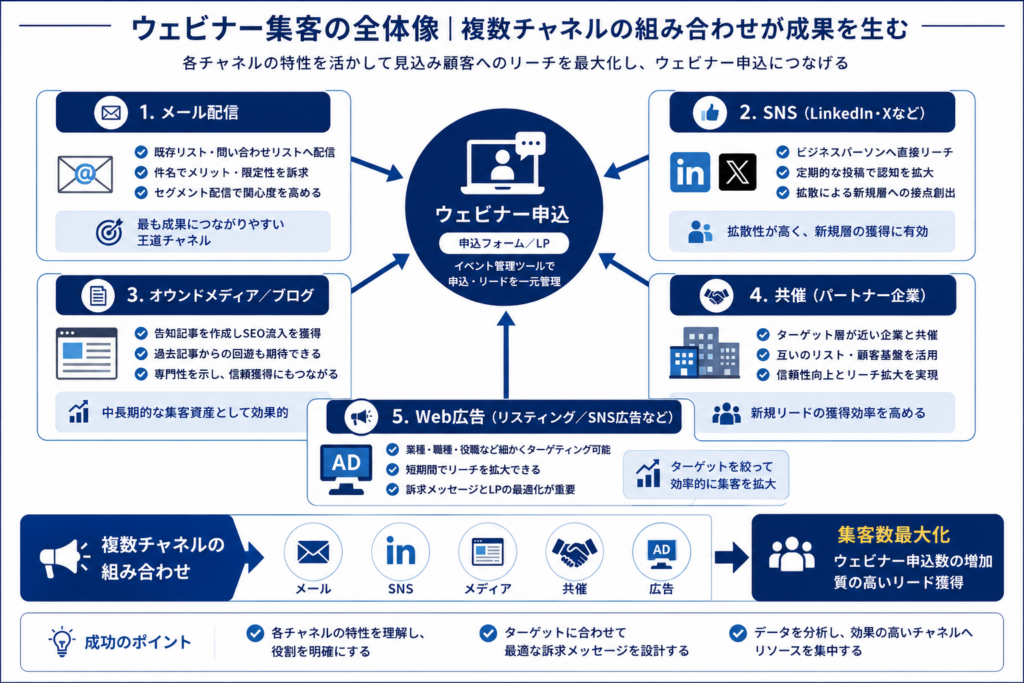 ウェビナー集客ではメール、SNS、オウンドメディア、共催、広告など複数チャネルを組み合わせることで申込数を増やせることを示した図