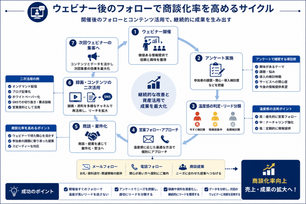 ウェビナー終了後にアンケート、営業フォロー、録画の再活用を行い、次回集客につなげる継続的な成果創出サイクルを示した図