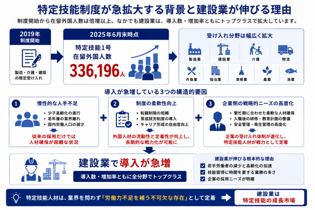 特定技能制度が2019年から2025年にかけて336,196人まで拡大した背景と、建設業で導入が急増している理由を整理した構造図。