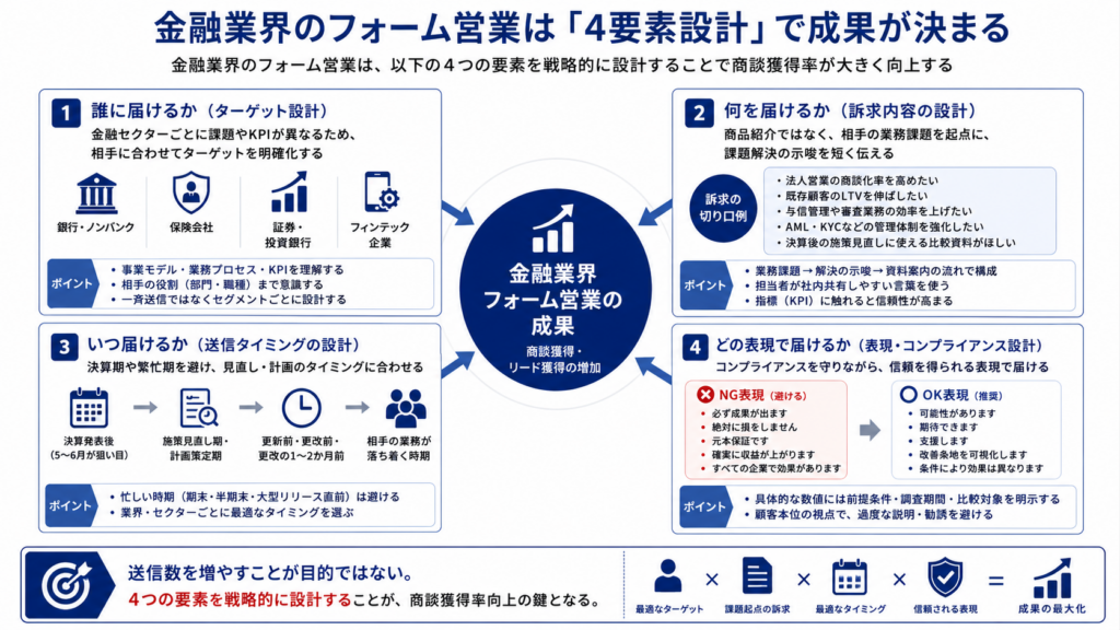 金融業界のフォーム営業で成果を出すために必要な、ターゲット・訴求・タイミング・表現設計の全体像。