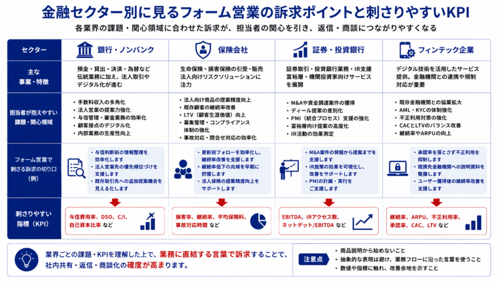 銀行・保険・証券・フィンテック別に、フォーム営業で刺さる課題とKPIを整理した比較図。