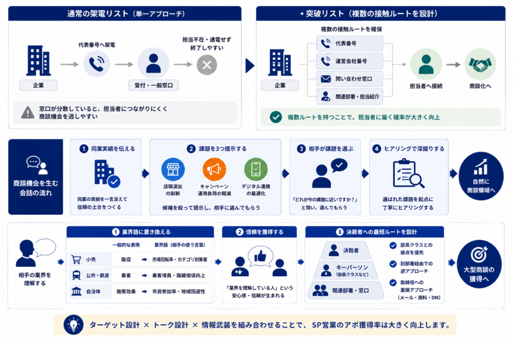 通常の架電リストと、複数の接触ルートを持つ突破リストの違いを示し、SP営業では組織構造に応じたアプローチ設計が重要であることを表した図