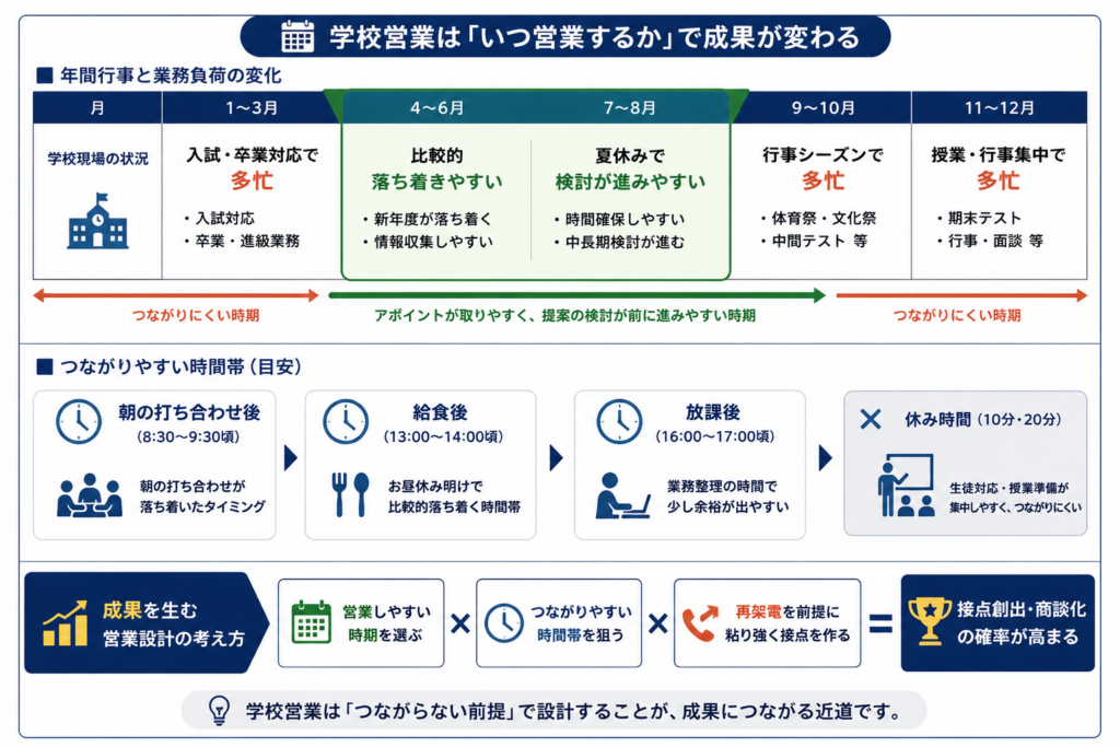 学校営業では年間行事による繁忙期とつながりやすい時間帯を考慮し、再架電を前提に営業設計することが成果につながることを示した図