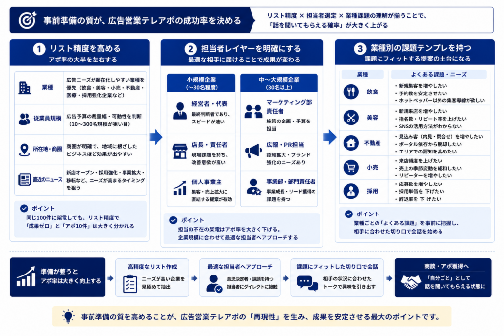 リスト精度、担当者選定、業種ごとの課題整理という3つの事前準備が広告営業テレアポの成功率を左右することを示した図
