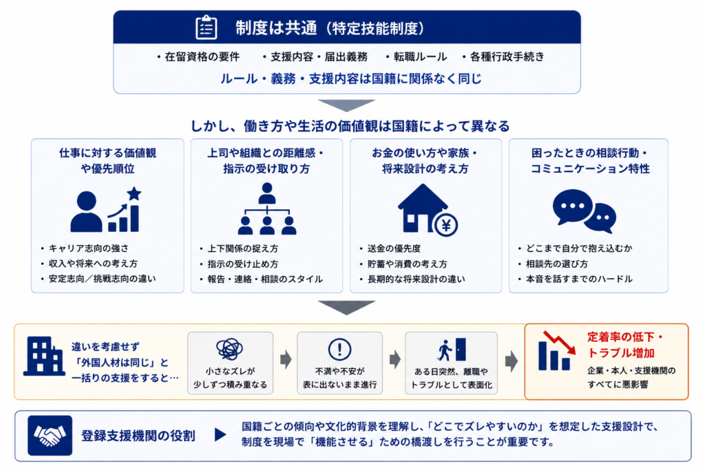 制度は共通でも、価値観や相談行動、文化背景の違いによって支援設計を変える必要があることを示した図
