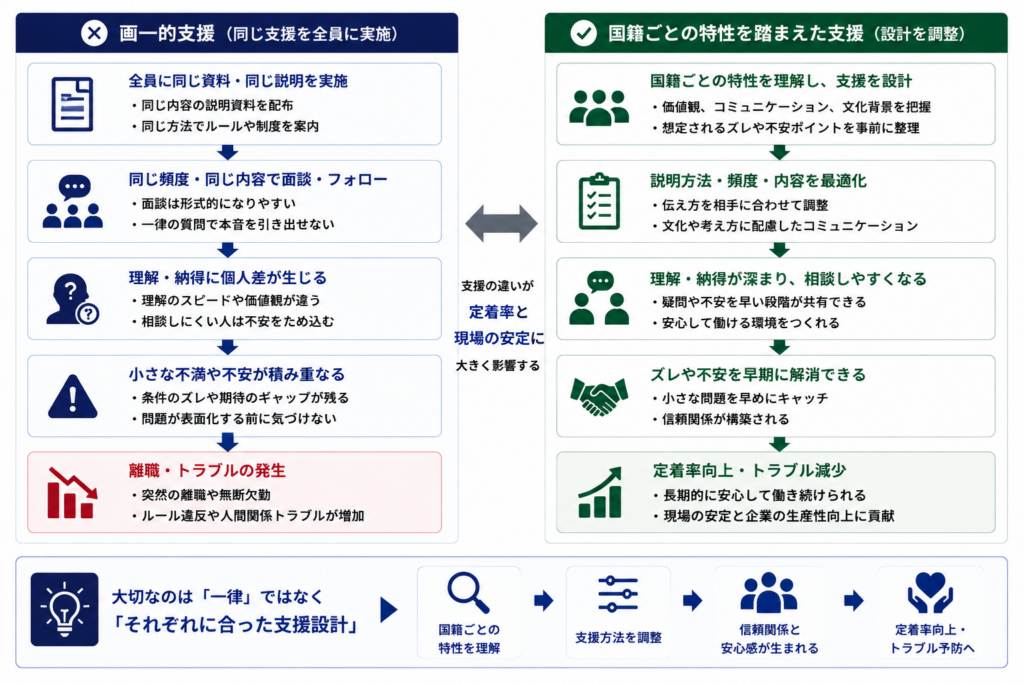画一的な支援と国籍ごとの特性を踏まえた支援で、定着率やトラブル発生に違いが生まれる流れを比較した図