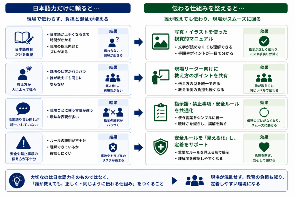 誰が教えても伝わる仕組みを整えることで現場の混乱を防ぐことを示した図