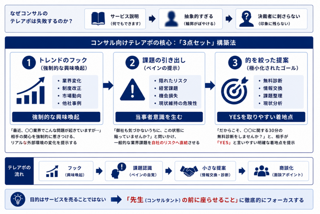 コンサル向けテレアポの3点セット構築法を解説する図