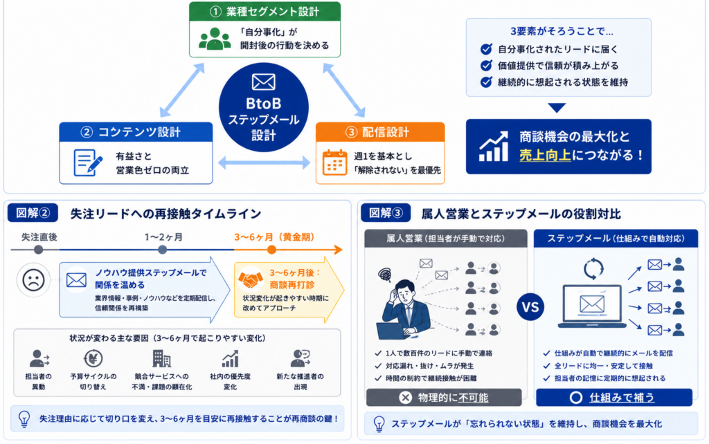 BtoBステップメール設計の3要素を示す図
