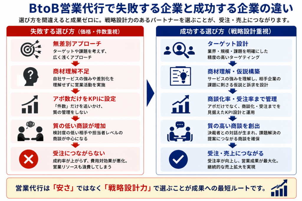 価格重視で営業代行を選んだ場合と、戦略設計力を重視して選んだ場合の営業成果の違いを比較した図。